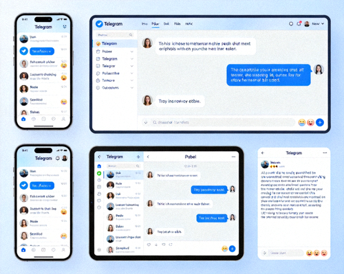 Telegram 应用程序在多设备上的界面预览图 - 展示手机、平板和电脑端的聊天界面