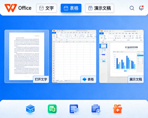 WPS Office 软件主界面展示图 - 包含文字、表格、演示文稿三大组件